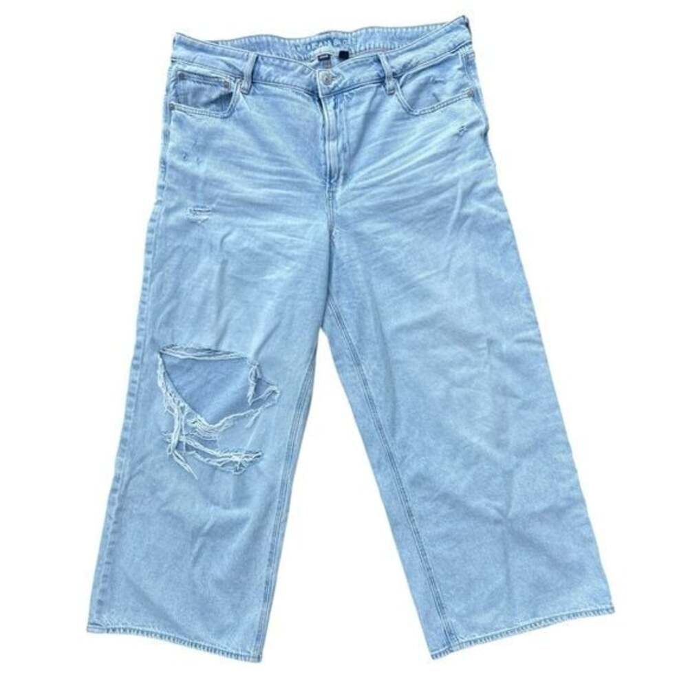 American Eagle Outfitters Light Blue Wide-Leg Distressed Jeans Mid Rise Size 16